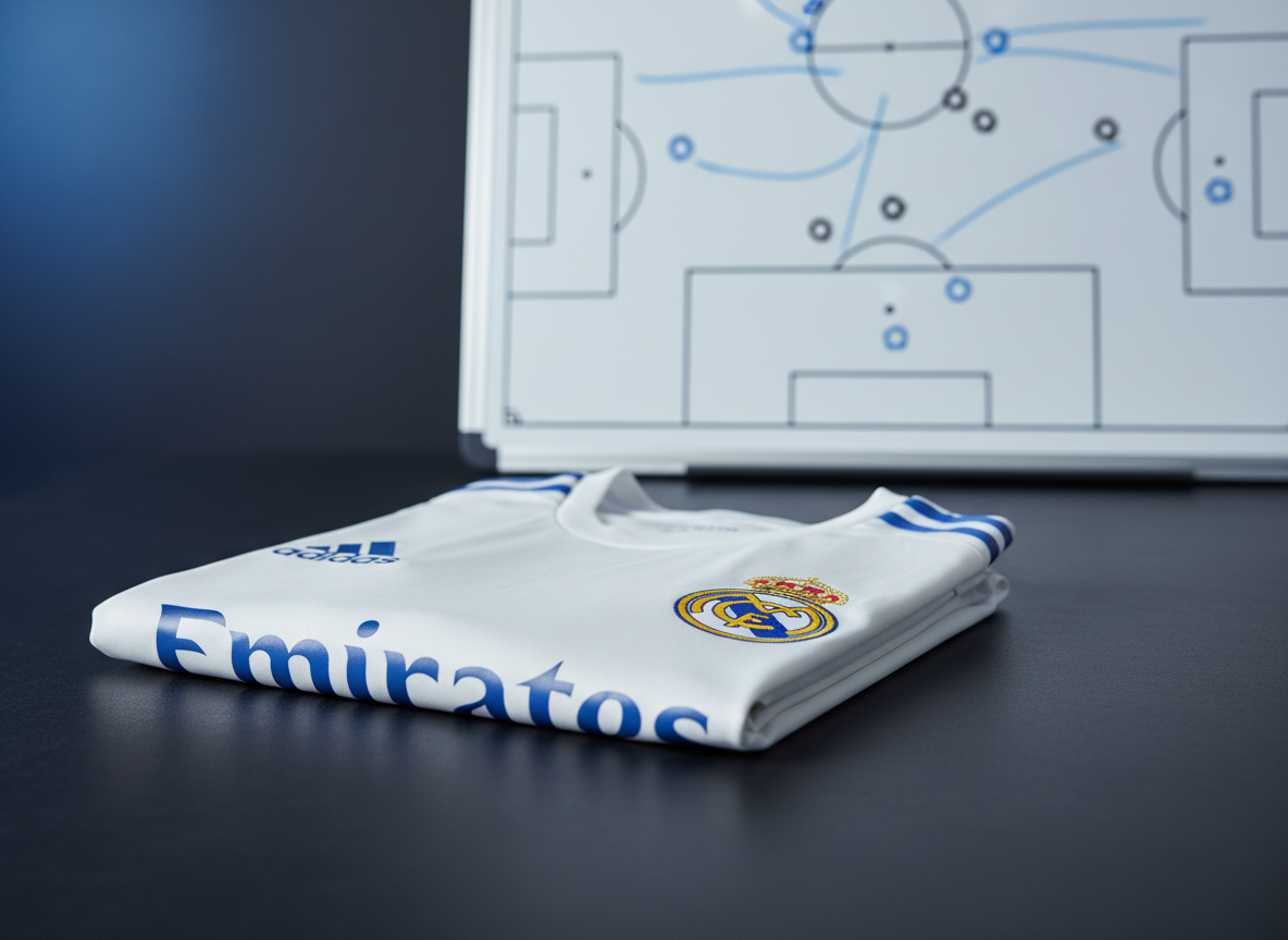 A pristine white Real Madrid home jersey neatly folded on a dark matte table, the embroidered club crest and golden crown rendered in sharp photographic realism. Behind it, a slightly out-of-focus tactical whiteboard shows clean marker lines tracing attacking movements across a green pitch diagram. Cool, diffused studio lighting from the left creates soft reflections on the smooth fabric and subtle shadows along the folds. Shot at eye level with a shallow depth of field, the composition uses the rule of thirds, placing the crest prominently. The mood is professional and analytical, evoking serious football coverage and authoritative Real Madrid news.